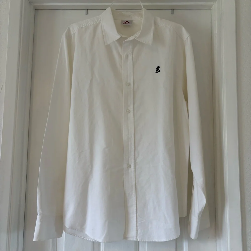 Vintage Disney Store Mickey Chest Logo Long Sleeve Button Down White Cotton Flaw